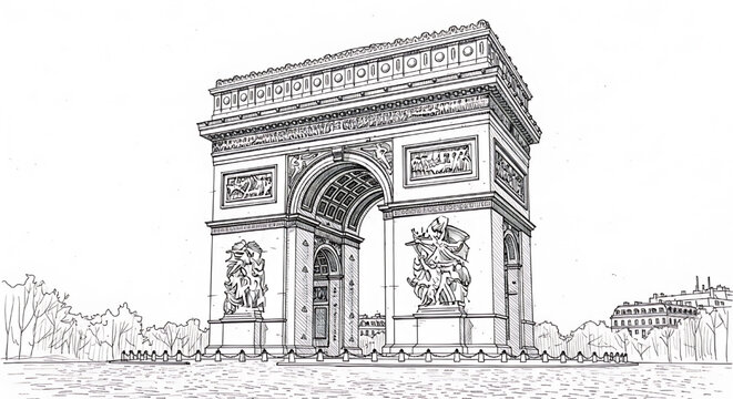 Minimalist single line drawing of the Arc de Triomphe in Paris, France. A famous monument honoring those who fought and died for France.