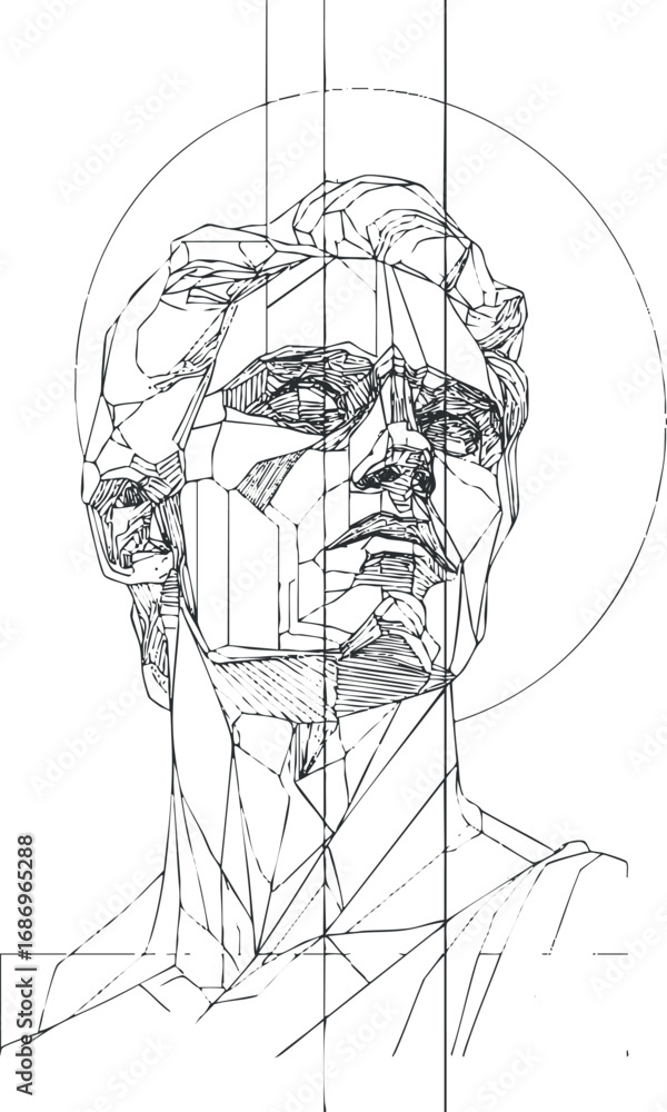 Poster abstract geometric line art portrait of a male head and shoulders with angular stylized features