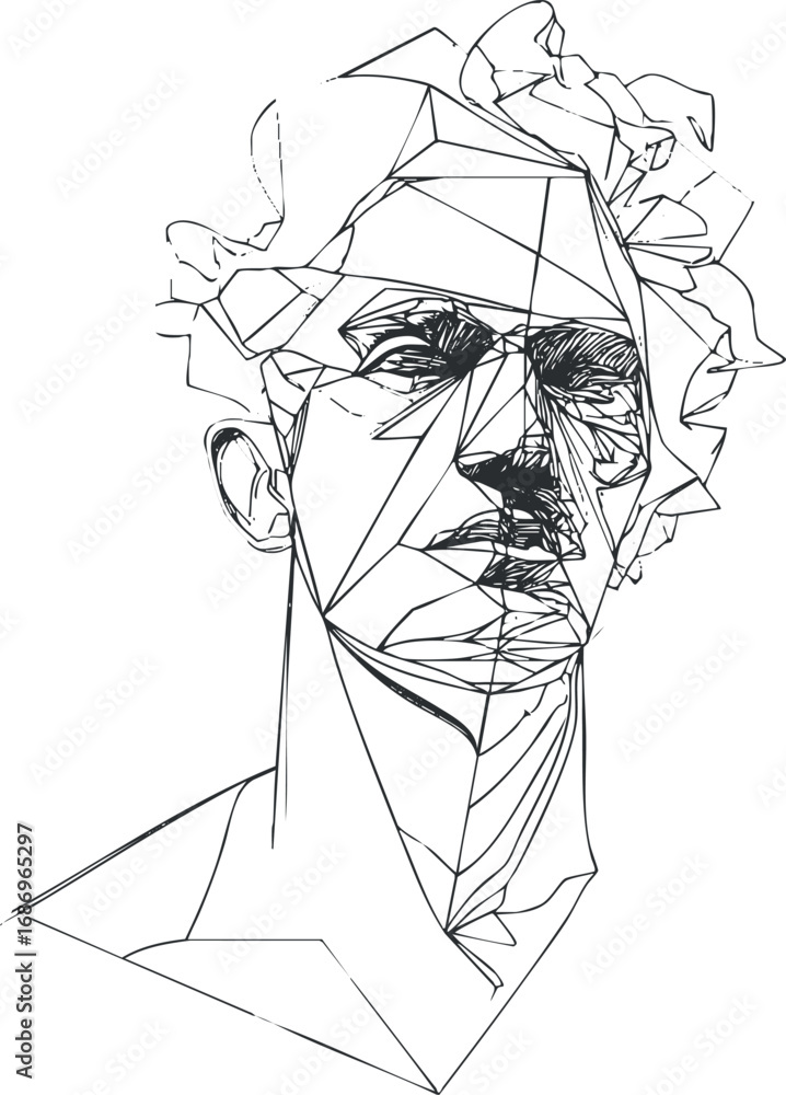 Poster abstract geometric line drawing of a male portrait with angular shapes and stylized features