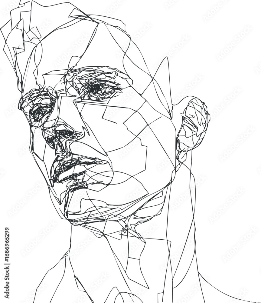 Poster abstract line art portrait of a human face created with continuous black lines on a white background