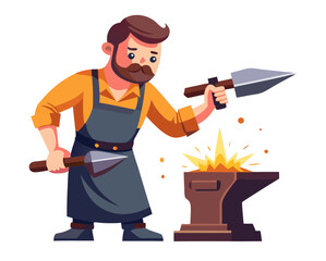 vector of a blacksmith hammering hot metal on anvil, sparks flying, wearing apron and gloves, white background
