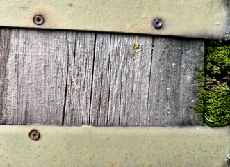 Old wood planks with green moss and metal strips, rustic natural background texture.