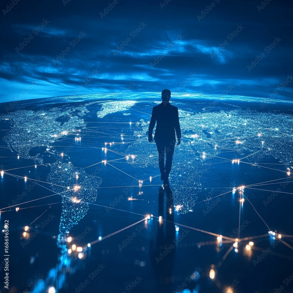 Poster exploring global connectivity in a digital age a man walking across a networked world landscape