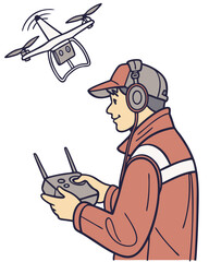 vector of a professional drone pilot operating drone via remote control, drone flying overhead, white background
