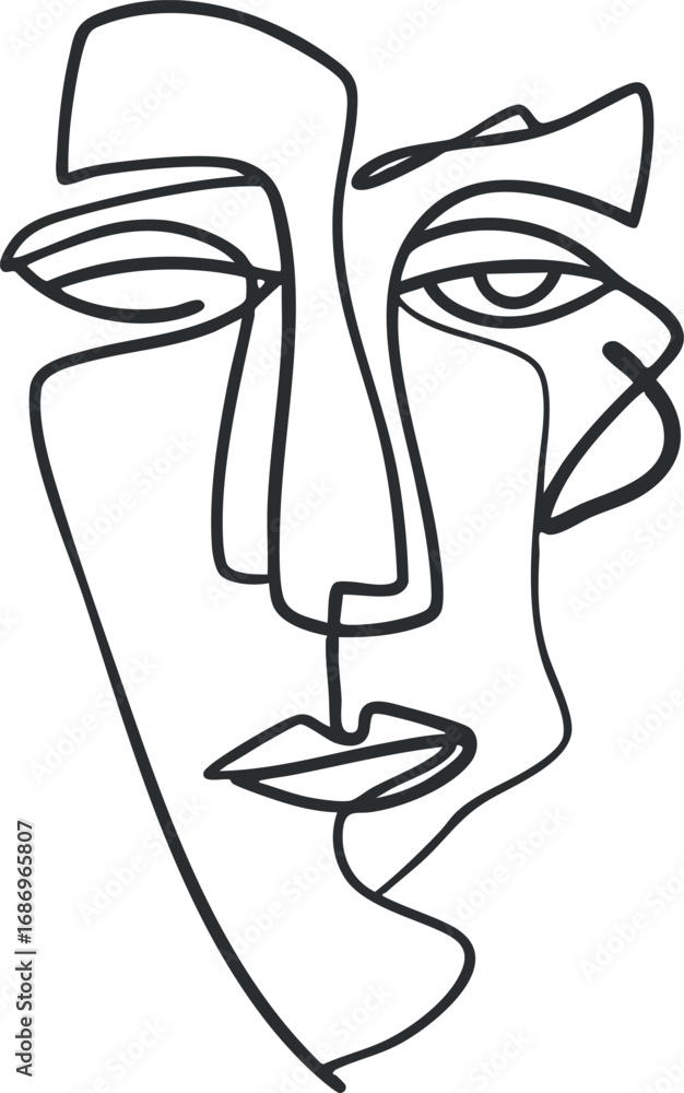 Poster abstract minimal one line drawing of a human face with continuous single black line on white backgro