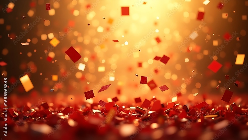 Poster a festive confetti explosion with red and gold sprinkles. a vibrant and abstract celebration backgro
