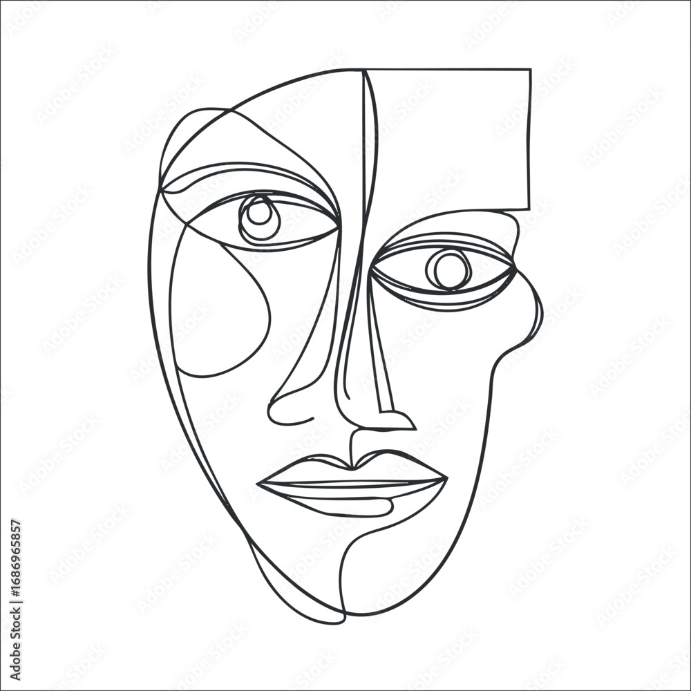 Poster abstract minimalist line drawing of a human face created with continuous black lines on white backgr