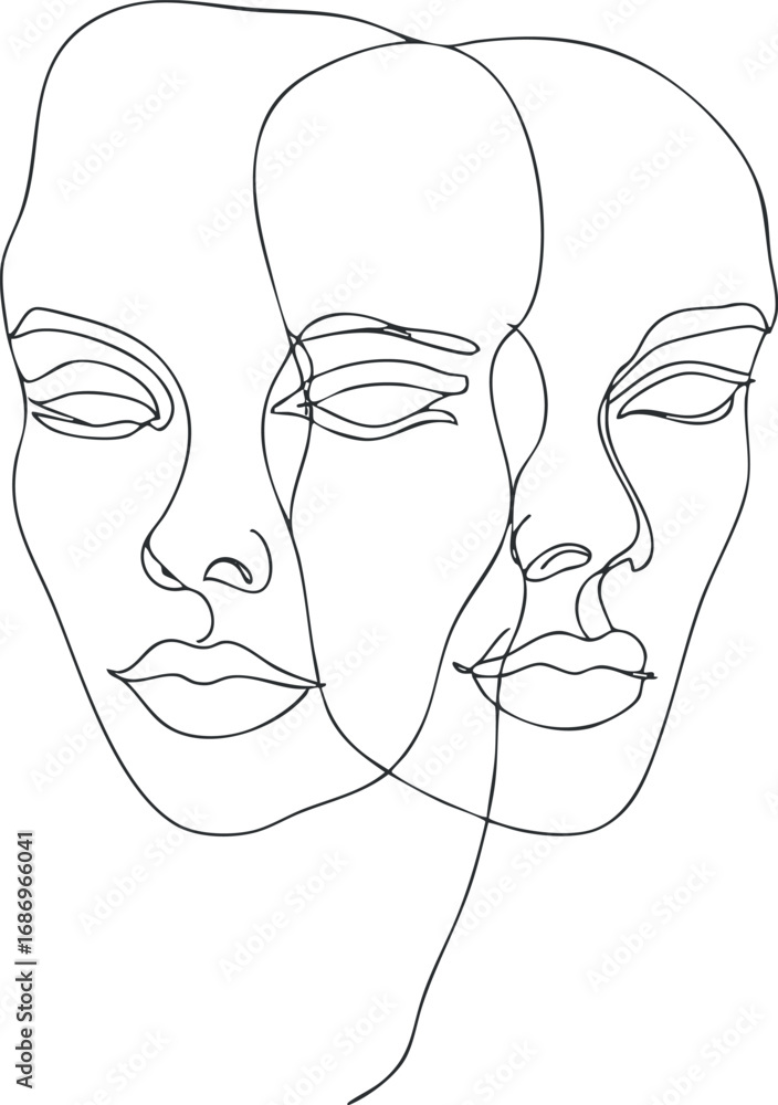 Poster abstract continuous line drawing of two overlapping female faces in minimalist style