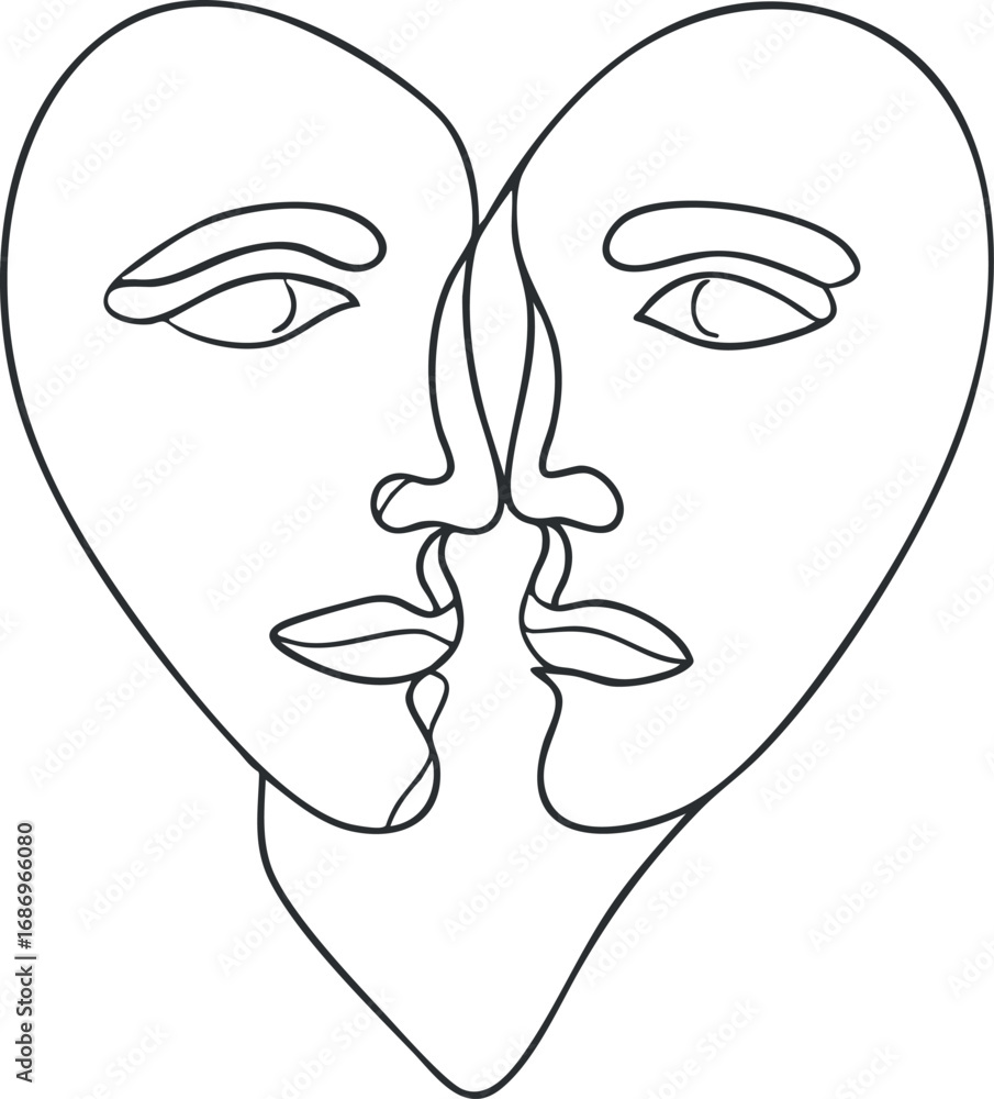Poster abstract continuous line drawing of two faces forming a heart shape symbolizing love and connection