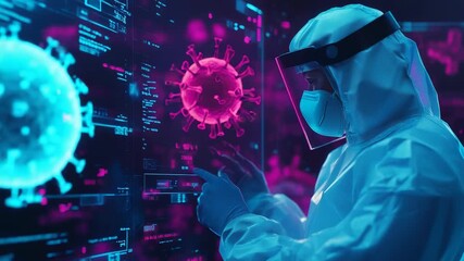 Virologist analyzing coronavirus data on futuristic digital interface - Powered by Adobe
