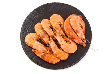 Cooked Shrimp, Black Stone Plate, isolated on white background