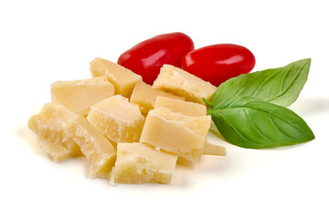 Parmesan Cheese Cubes, Cherry Tomatoes, Basil, isolated on white background