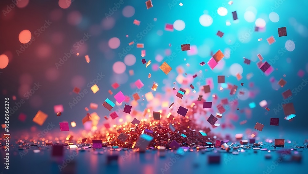 Poster a vibrant confetti explosion. a colorful and festive background with falling sparkles and a pink to 