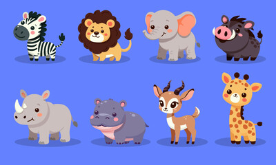 Cute Safari Zoo Animals Vector Cartoon Set Zebra Giraffe Lion Elephant Rhinoceros Hippo Leopard Warthog Antelope
