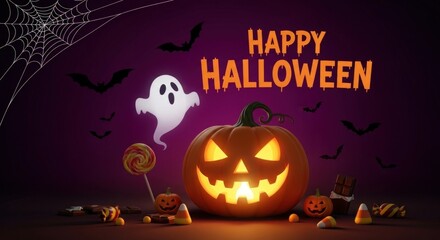 Spooky Halloween fun with glowing jack-o'-lantern, playful ghost, candy, and bats