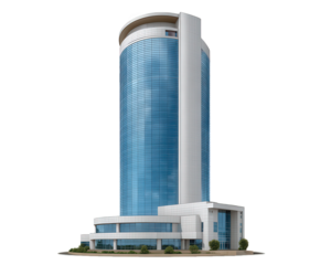 Modern glass office skyscraper with blue reflective windows, cylindrical shape, white accents, and surrounding greenery, suitable for business district or urban cityscape illustration