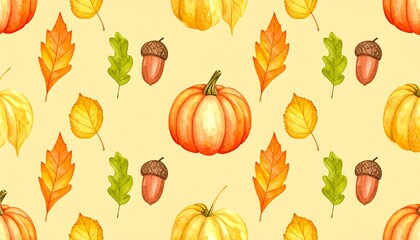 Autumnal pattern with pumpkins and leaves