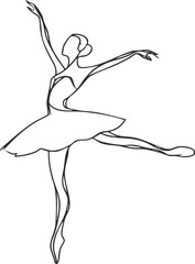 Line art illustration of a graceful female ballet dancer in tutu performing an elegant pose