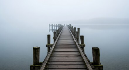 Obraz premium Wooden Pier Extending into Misty Lake, Leading to Mysterious Horizon