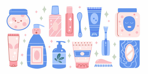 Collection of cute and colorful skincare products and beauty tools with sparkling accents