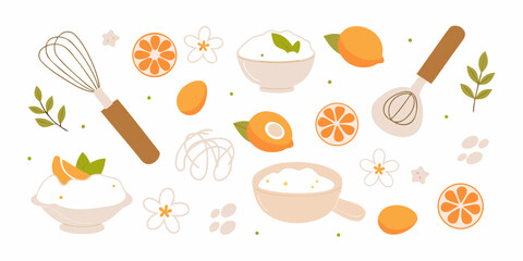 Flat lay of baking ingredients and kitchen utensils with citrus fruits and creamy desserts