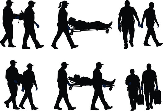 Emergency medical responder silhouettes, stretcher transport, healthcare teamwork, ambulance crew, patient care, rescue operation, first aid, uniformed staff, vector illustration, crisis response