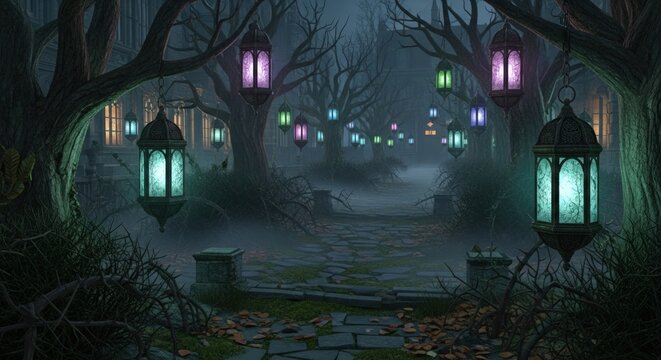 Mysterious path through enchanted forest with glowing lanterns and ancient trees