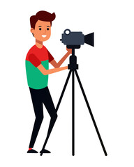 vector of a photographer holding DSLR camera on tripod, with model silhouette, clean vector on white
