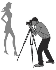 vector of a photographer holding DSLR camera on tripod, with model silhouette, clean vector on white
