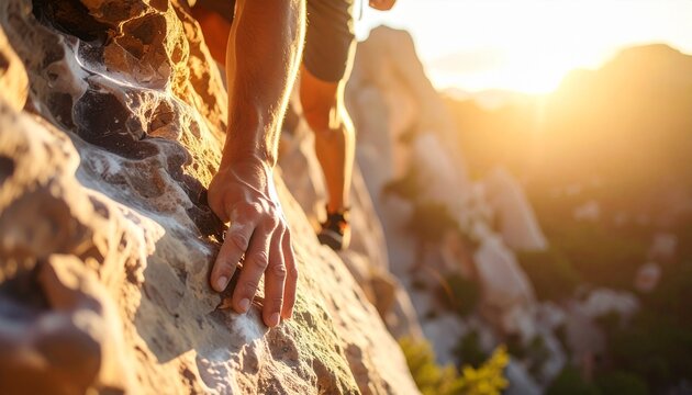 Person climbing rocky outcrop golden hour - Powered by Adobe