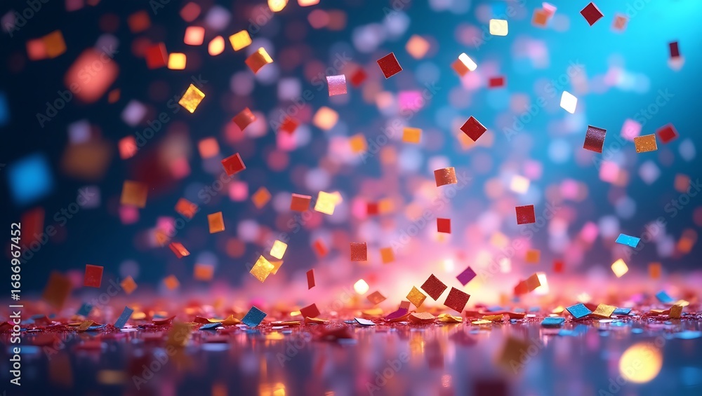 Poster a vibrant confetti explosion. a colorful and festive background with falling sparkles and a pink to 
