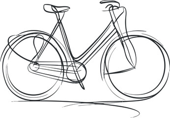 Line art sketch of a bicycle with clear outline showing frame, wheels, saddle, and handlebars on white background