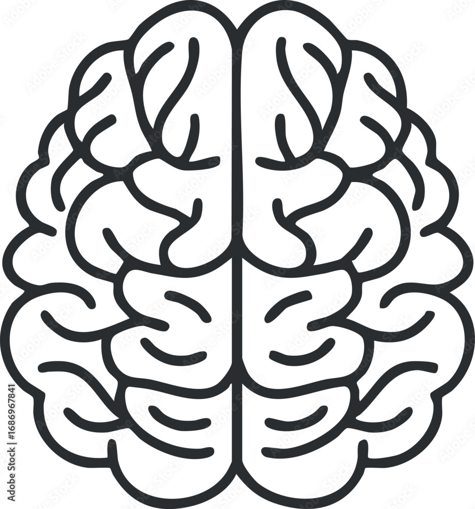 Poster simple black and white line drawing of a human brain viewed from above showing major brain folds and