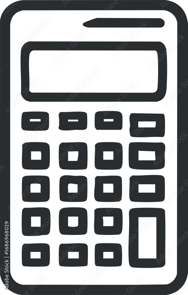 Poster hand-drawn style black and white calculator icon with display and buttons for arithmetic calculation