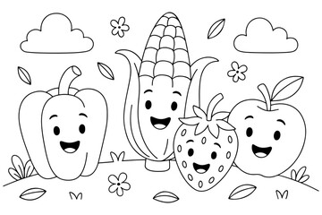 Cute cartoon illustration of happy fruits and vegetables with smiling faces, perfect for a fun and educational coloring book page.