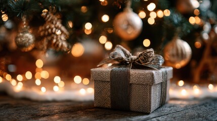 Christmas themed gift box under a decorated tree with ornaments and twinkling lights, cozy holiday mood