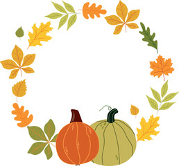 Round frame with two big cute pumpkins and colorful autumn leaves on transparent background. Thanksgiving day, Halloween template. 