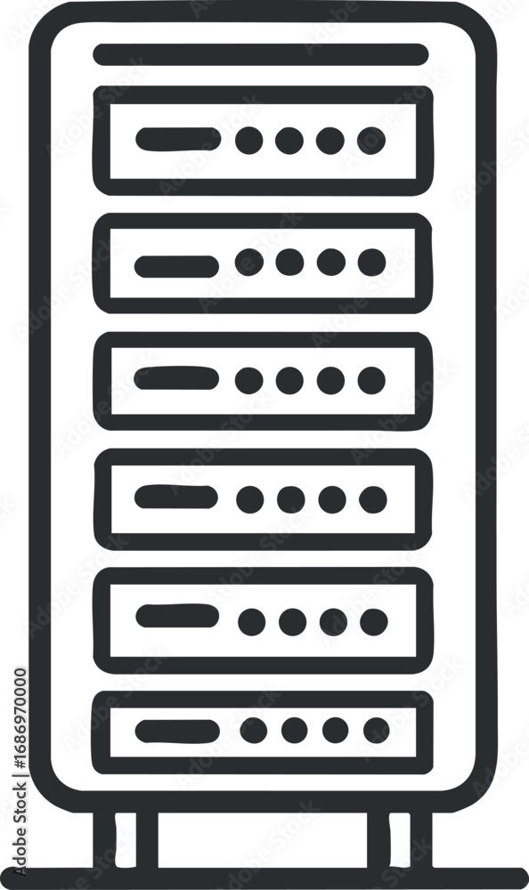 Poster black and white line illustration of a computer server rack with multiple units for data storage and