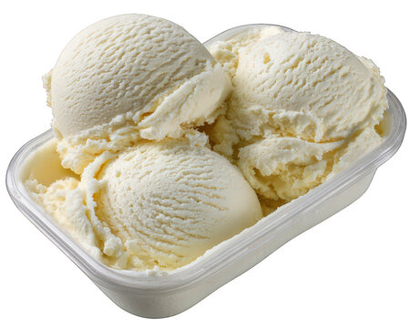 Vanilla ice cream in clear plastic container, three scoops, creamy texture, frozen dessert, sweet treat, isolated on transparency background, delicious and refreshing