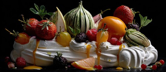 A vibrant pavlova dessert adorned with fresh fruits