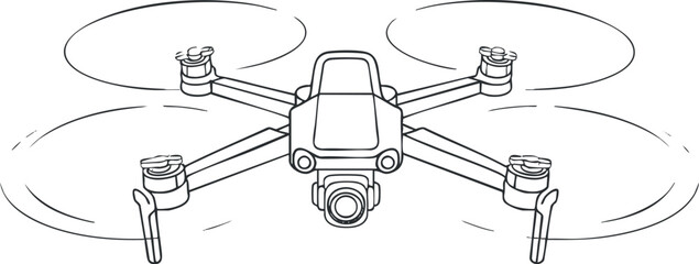 Black and white line drawing of a quadcopter drone with camera and spinning propellers in flight
