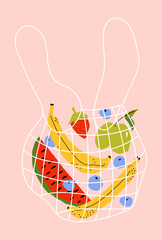 Eco friendly reusable net shopping bag with organic fruits and berries, flat vector collage in pastel tones for sustainable market concept