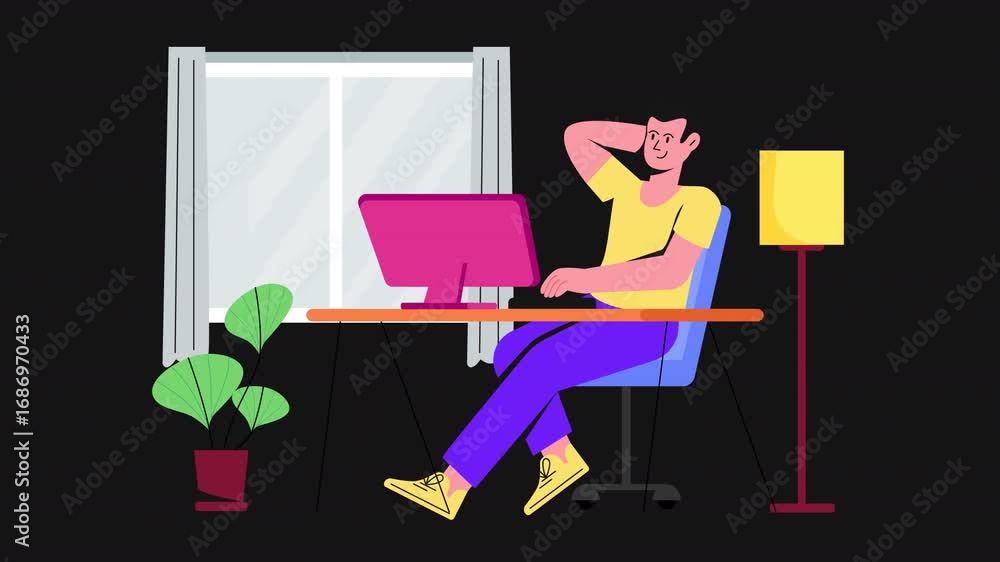 Poster man working from home 2d motion graphics animation alpha channel