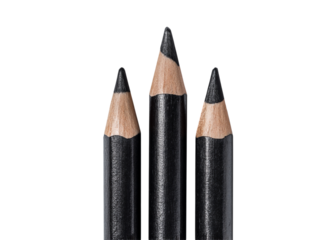 three black pencils standing upright on an isolated on a transparent background in PNG format.