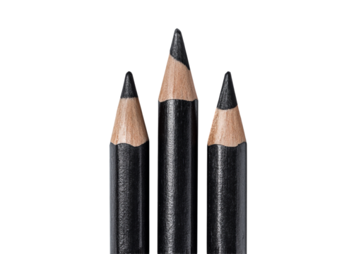 three black pencils standing upright on an isolated on a transparent background in PNG format.