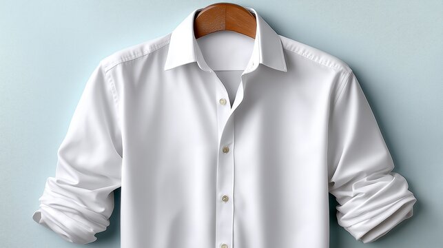 Classic white dress shirt displayed on a soft blue background