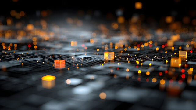 Complex data flow visualized with glowing squares an grid lines, creating an astract representation of cber security and data protction in the digital age