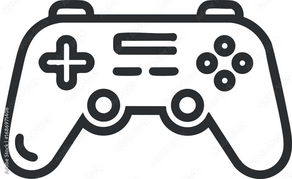 Poster black and white line icon of a video game controller with buttons and joysticks for gaming
