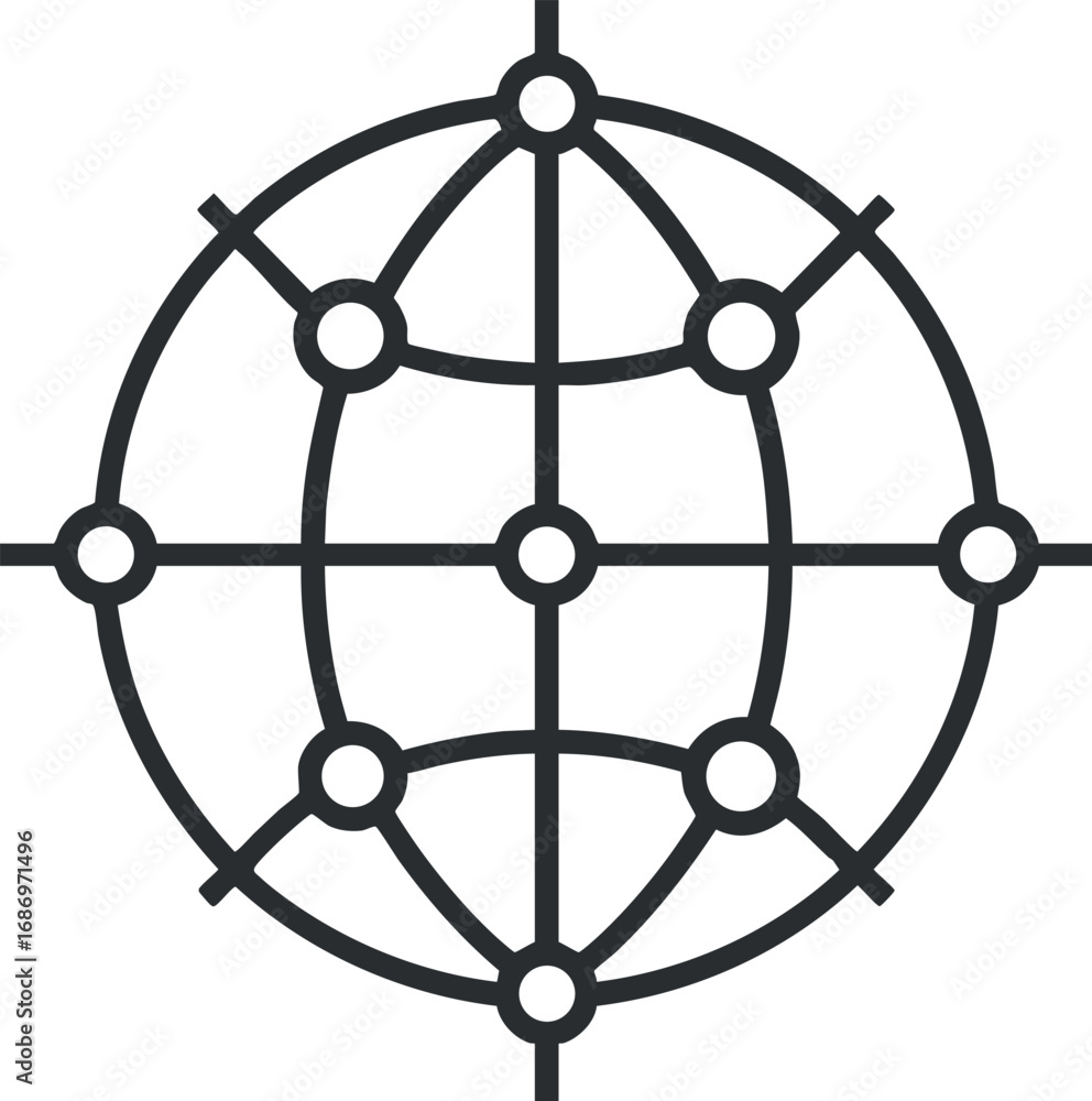 Poster black and white line art of a globe with nodes and connecting lines representing global network and 
