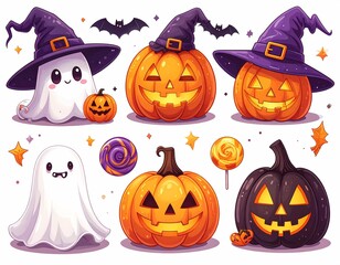 Halloween Ghosts with Witch Hats and Pumpkins
